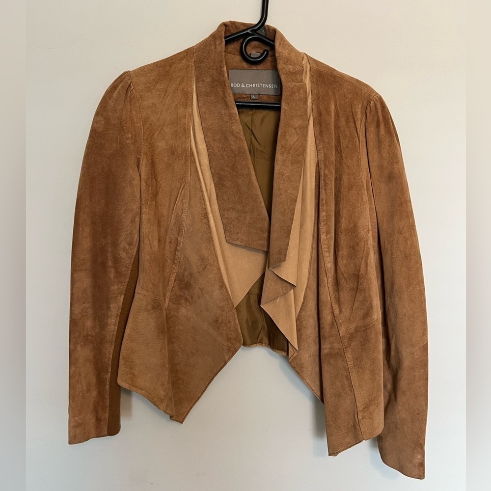 Bod & Christensen Tan Brown Suede Leather Draped Open Front Jacket Womens Large - Picture 2 of 6